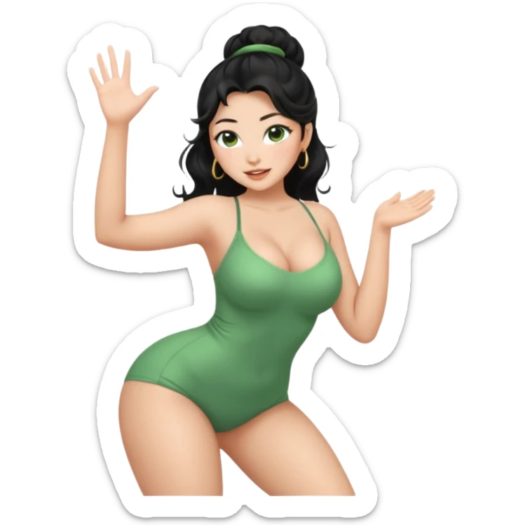 Full body nude very beautiful asian young woman, very beautiful face with freckles, green almond eyes long lashes, wavy black hair in a bun, big boobs, big ass, sexy body, bending over, waving to greet sticker