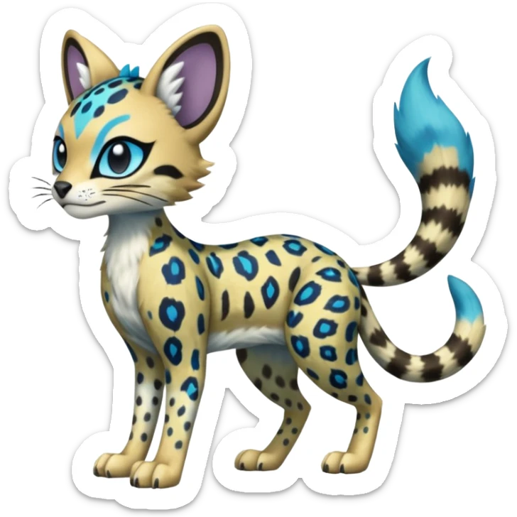 Colorful Meloetta-Sergal-Serval-Civet-Genet-Pokémon-Digimon-Fakémon-fusion-hybrid-creature with Cyan stripes and blue leopard-spot-markings  sticker