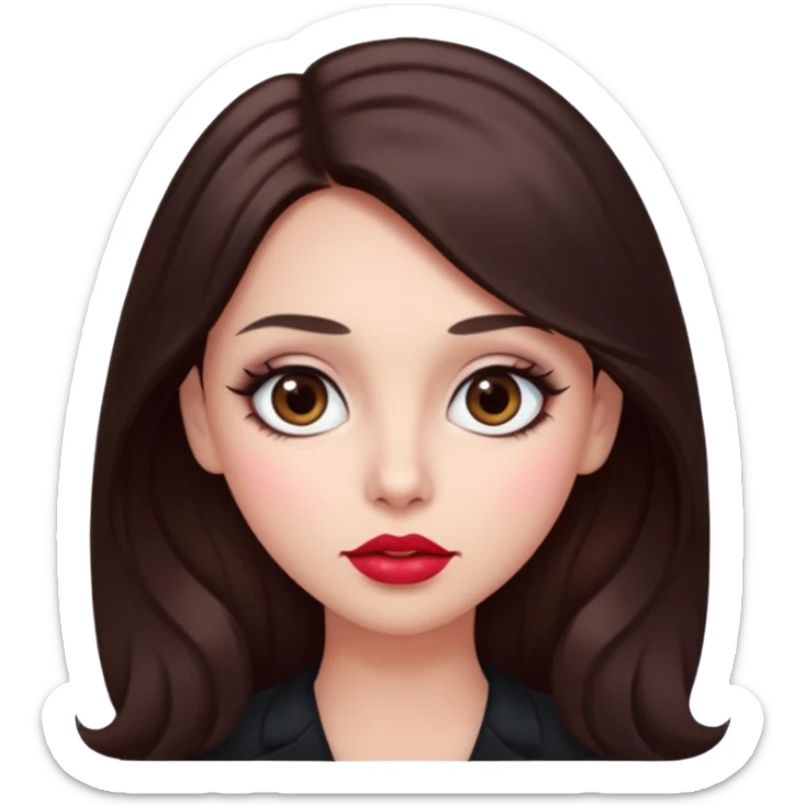 An featuring a woman with dark brown long hair, brown big eyes, light pinkish skin, red cheeks,  sticker