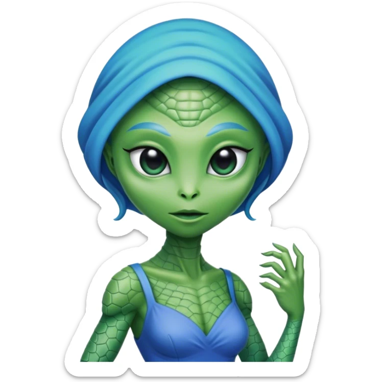 green alien reptilian woman in blue dress sticker