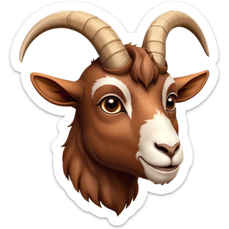 Cinematic Noble Brown Goat Portrait Emoji, Poised and regal, with a sturdy, agile build and a smooth, well-groomed rich brown fur accented by gracefully curved horns, deep-set soulful dark eyes, Simplified yet sharp and sophisticated features, highly detailed, glowing with a warm, dignified glow, high shine, intelligent and spirited, stylized with an air of rustic elegance, focused and attentive, soft glowing outline, capturing the essence of a watchful and confident goat, so majestic it feels as though it could leap out of the screen with effortless authority! sticker