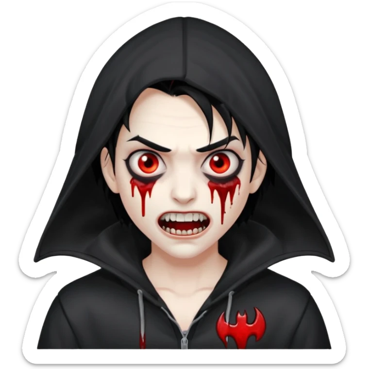 Vampire with gray white skin and full white eyes and bloody fangs and a black hoodie and scary face and black hair  sticker
