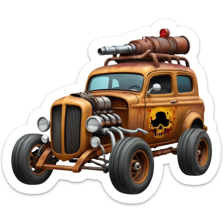 A mad max style hot rod in a zombie apocalypse, driving to the left. In the style of your bleeding skull art sticker