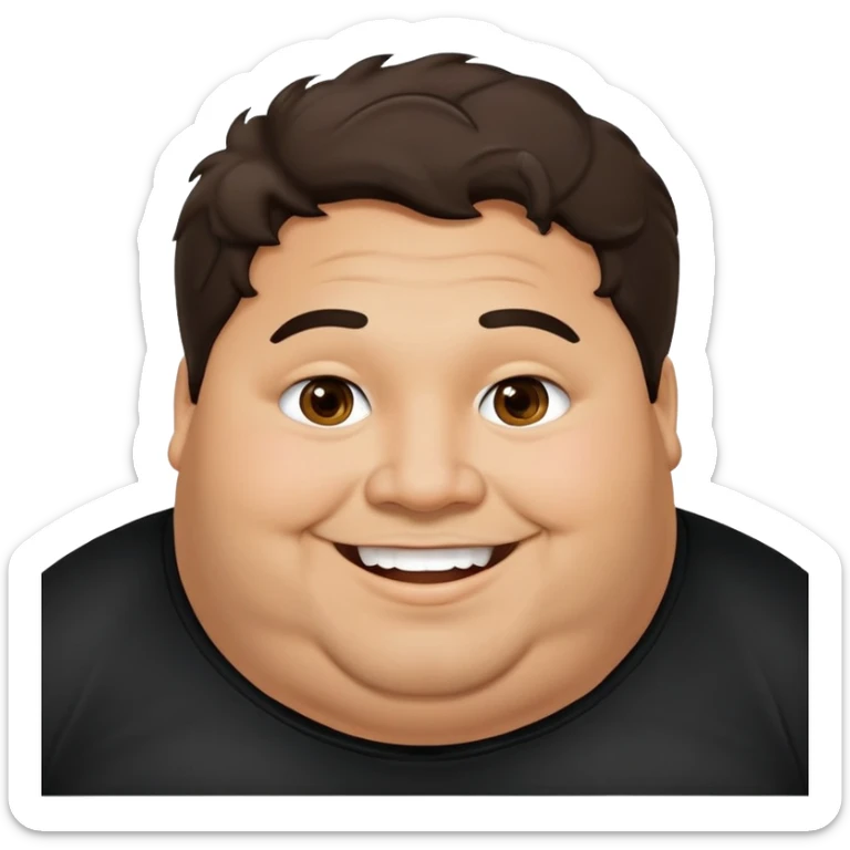 Hombre obeso latino piel canela, cara redonda-ancha, scruff sin barba completa, cejas gruesas, pelo oscuro ondulado flat largo hasta el cuello. Sonrisa amplia, expresión alegre. Camisa negra. Size large.  sticker