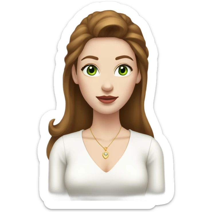 woman, with chestnut brown hair, her hair are a 90s blowout, she has very green eyes and a white pale skin, she has pink lipstick on and long lashes, she wears a white top with gold earrings  sticker
