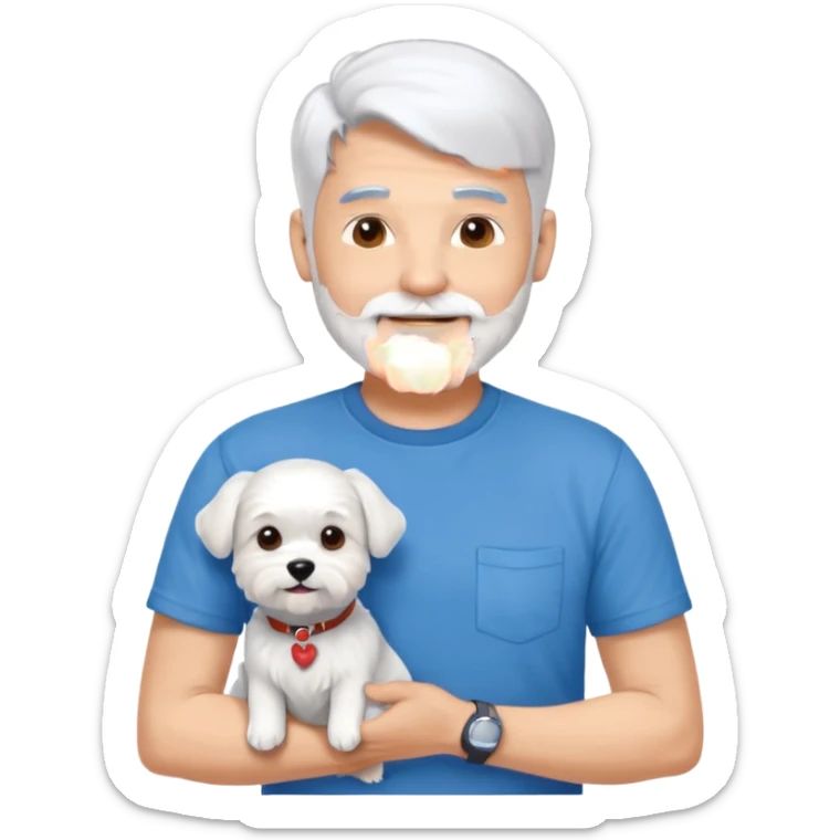handsome gentleman, 60 years old, silver hair in crew cut style, full beard, wearing a blue t-shirt, smiling and holding a maltese dog sticker