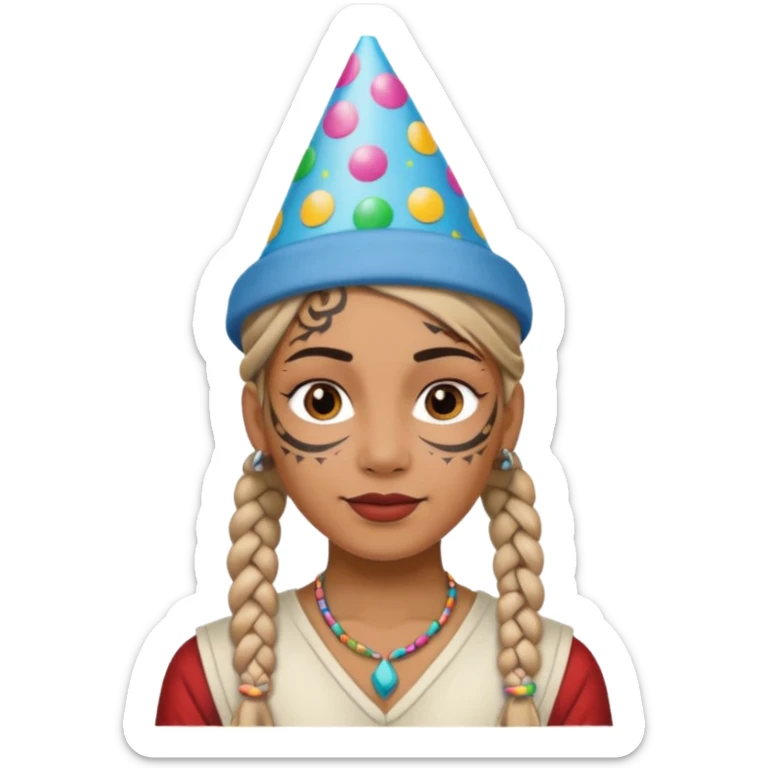 braided and tattoedbraided with lots lots lots of face tattooes and a party hat sticker