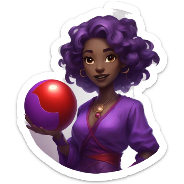 a woman in a purple outfit holding a red ball in her hand and a purple background with circles around her, Epsylon Point, auto-destructive art, league of legends concept art, concept art sticker