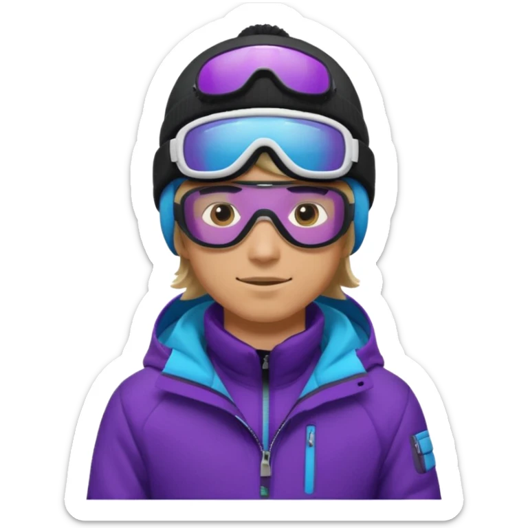 male Pro Snowboarder with white beanie, ONE pair of purple and blue frameless goggles and a black jacket sticker