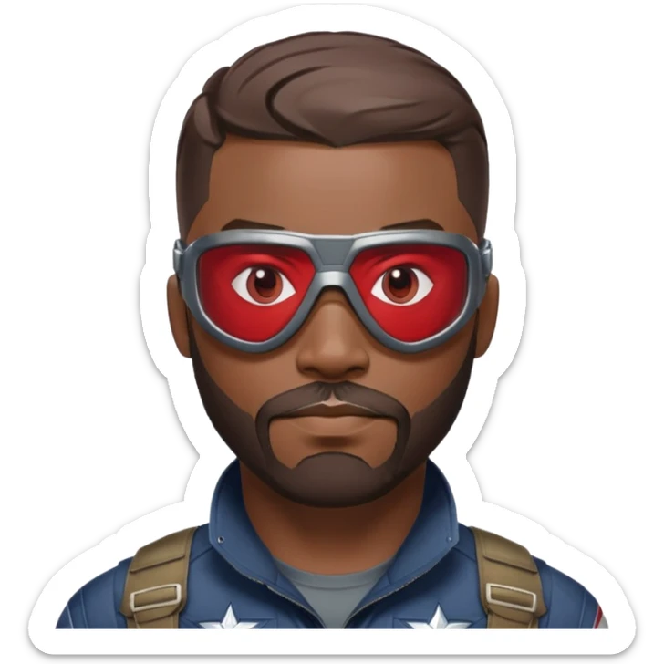 sam wilson with a very short hair close to the scalp and  a well-groomed beard that connects to his mustache,  wear sleek, red-tinted tactical goggles fit snugly from captain america: civil war sticker