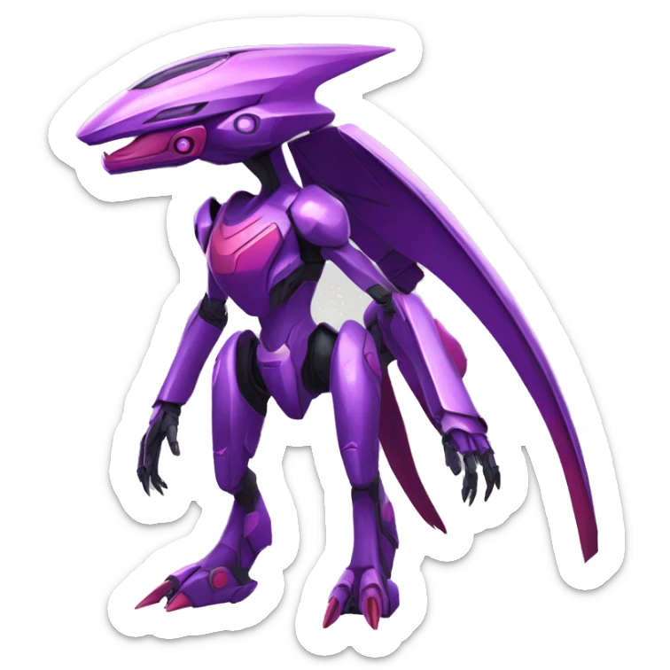 a shiny purple-red Genesect-Raptor-Fakémon—hybrid with a futuristic visor-helmet full body sticker