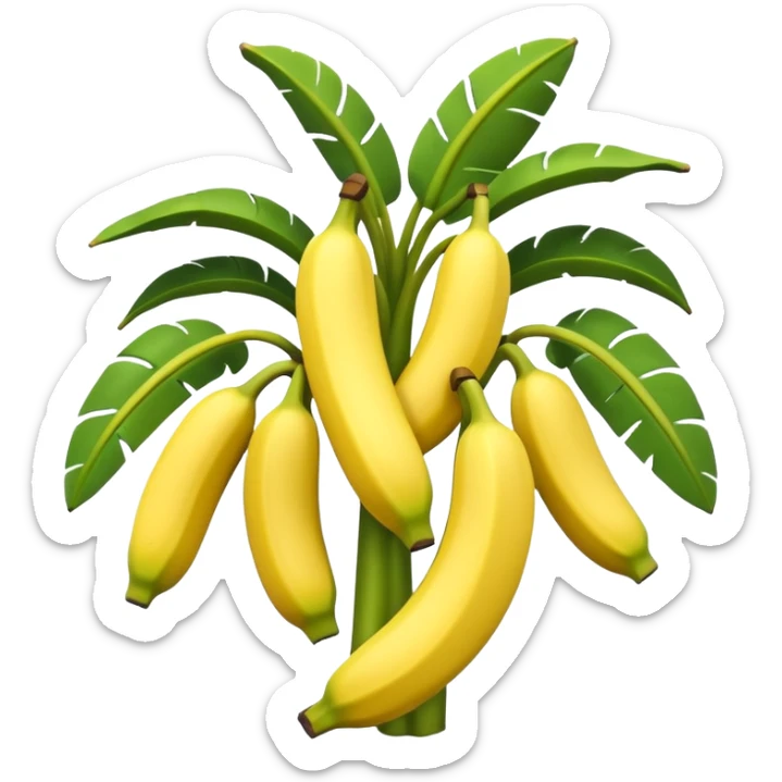 A 3D cartoon banana plant with large green leaves and a bunch of bananas growing downward, natural lighting, Memoji-style. sticker
