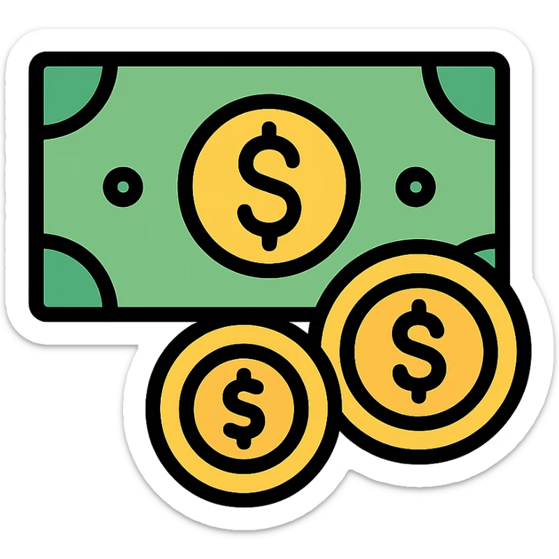 money, cash, dollar bills, coins, wealth in color outline icon style sticker