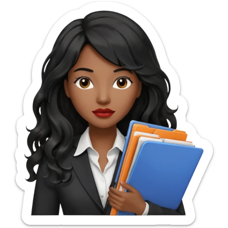 A young woman with long black hair, a wavy frange falling on half of her head. There's a long wavy stretch of hair falling on the side of her head. She's black, medium to dark skinned with thick lips. She's holding folders, and she's a CEO, but she's wearing casual clothes. she has long eyelashes. sticker