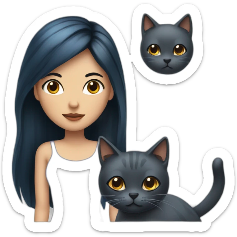 Woman with long, black and blue hair, brown eyes, a cat and a vaper sticker
