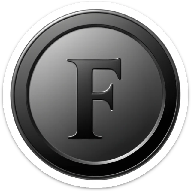 Emoji icon of a black coin with engraved letter F, minimalist style, isolated, no color sticker