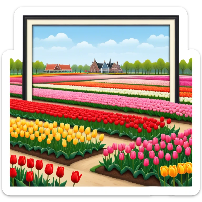 Cinematic Realistic Keukenhof Gardens Landmark Emoji, showcasing expansive tulip fields rendered with crisp, lifelike detail and radiant lighting. sticker