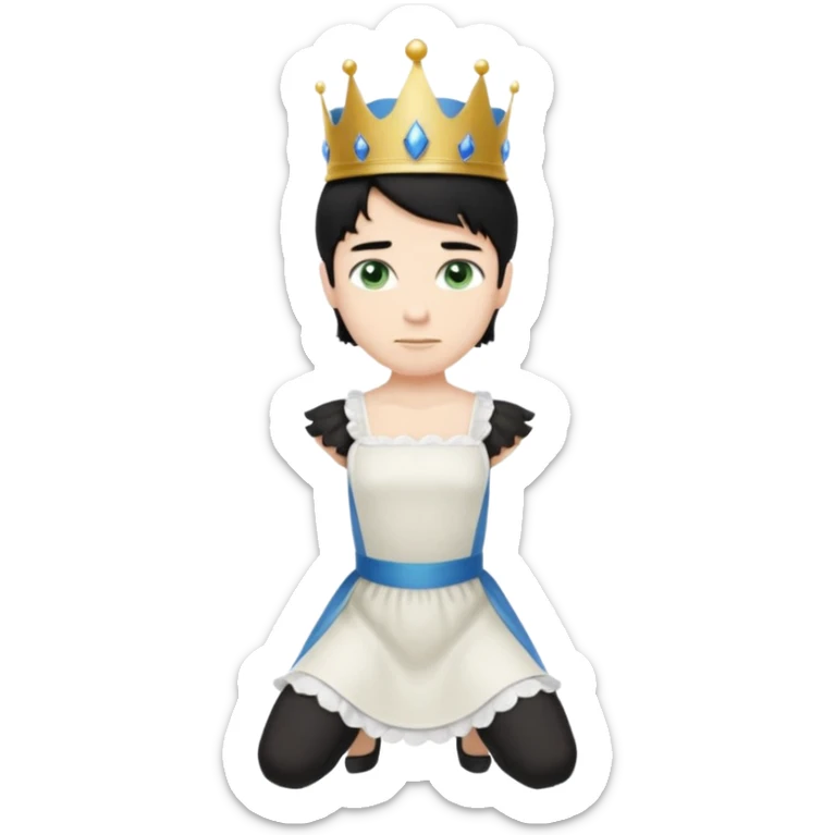 Prince with crown, standing, black hair, blue eyes, and maid, blonde Hair, green eyes, white short sleveless dress, kneeling  sticker