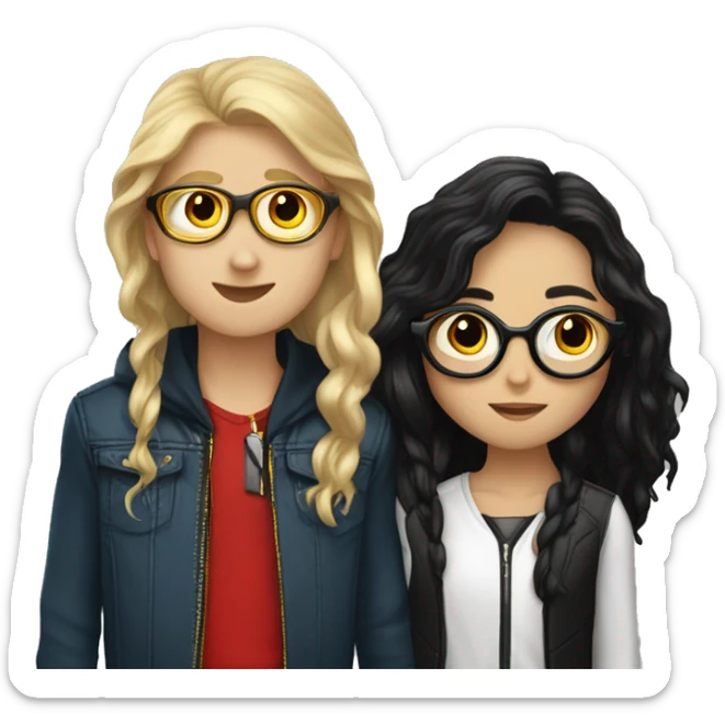 white girl with black and red-tainted long hair and circular golden glasses kissing white boy without glasses and with mi-long slick black hair wearing costume jacket sticker