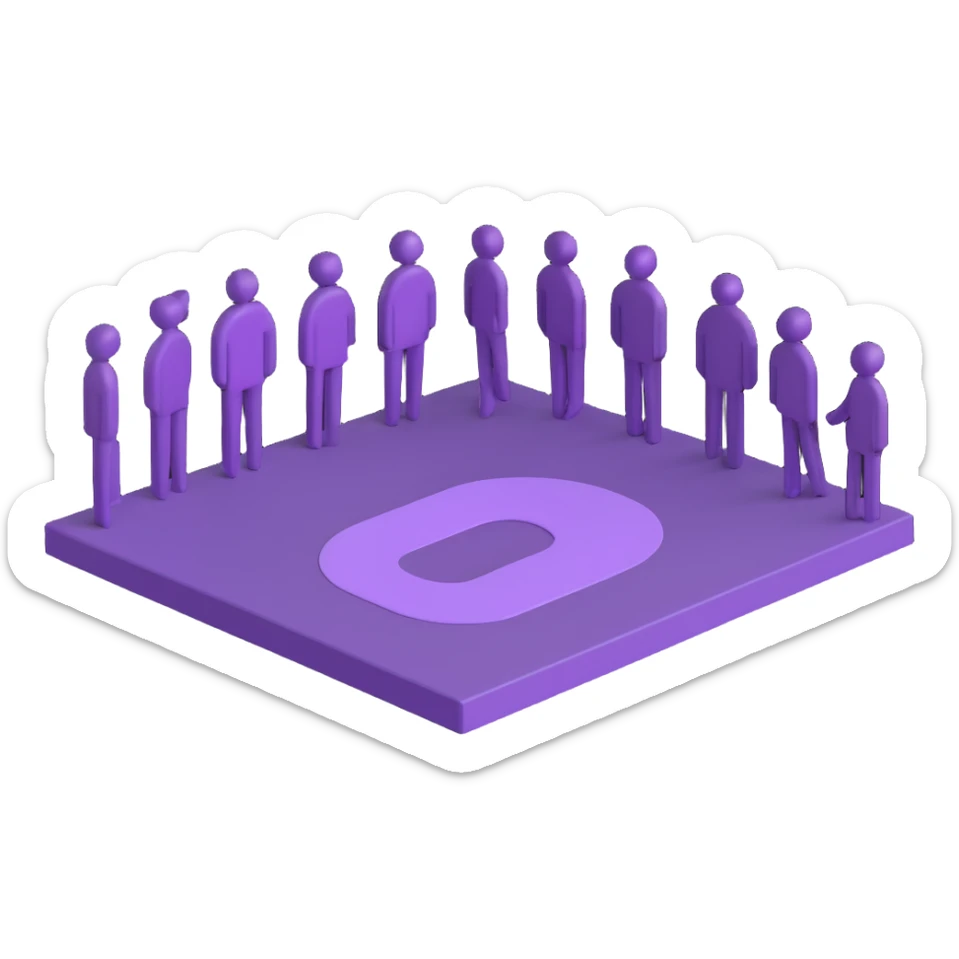 3D emoji style group of at least 10 stylized people figures representing 10,000 followers, base color purple #7f0ddb with purple border, transparent background, include a stylized badge or counter element showing the number 10,000 sticker