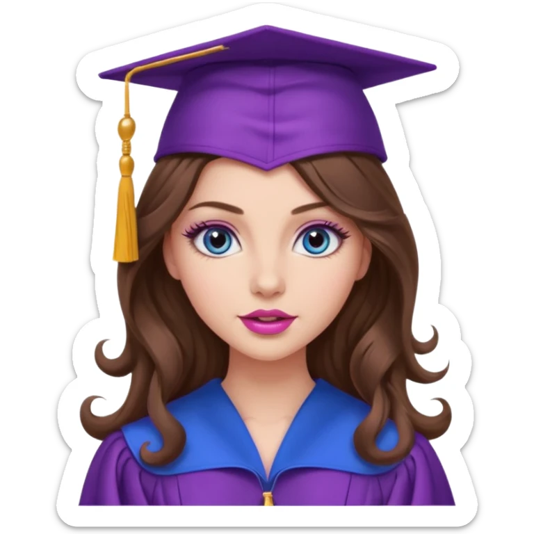 girl with gorgeous curled long brown hair, blue eyes, long lashes makeup, sexy pink lips, wearing a purple graduation cap and gown sticker