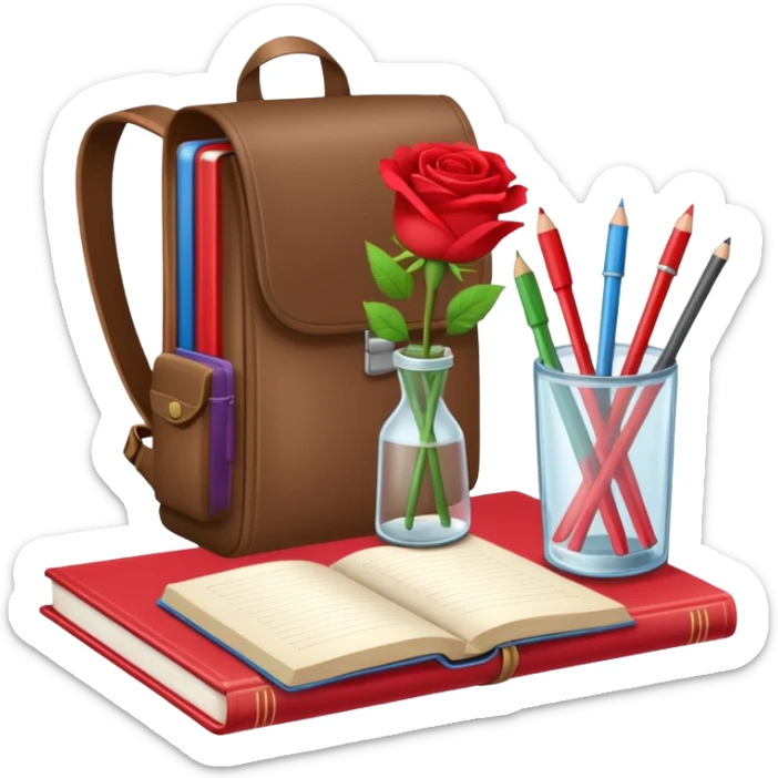 crear una  pizarra grande con libros a un lado, cuadernos, lapices, creyones, un vaso de cristal con rosas rojas, morral, lapto, estilo vector sticker