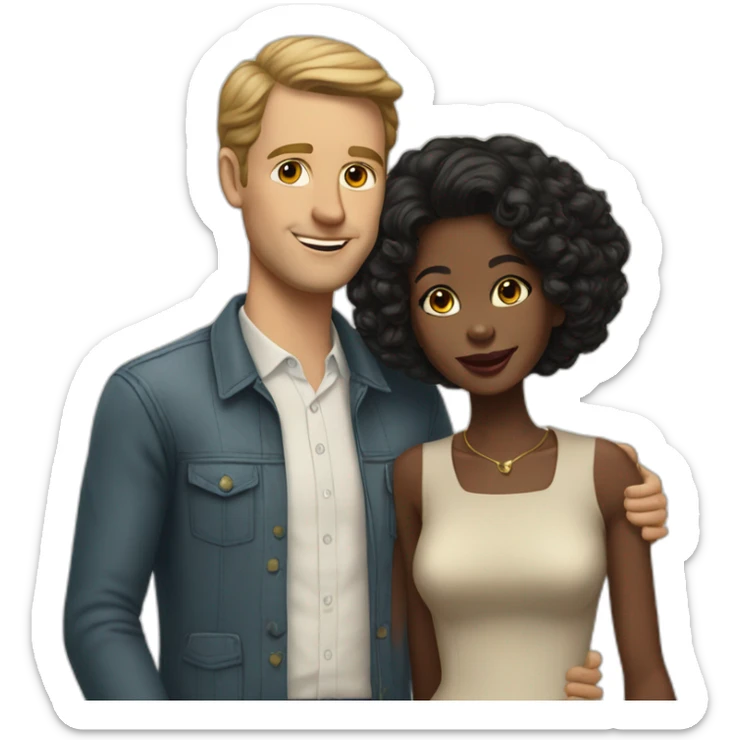 white man in late 50ties in love with younger black woman, casual dressing sticker