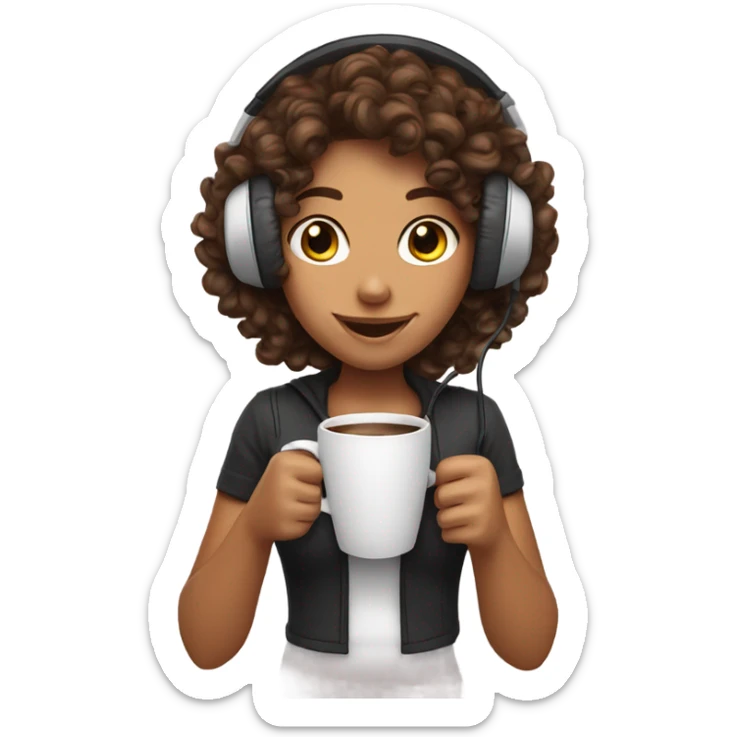 Tanned girl with curly hair with gaming headset and coffee sticker