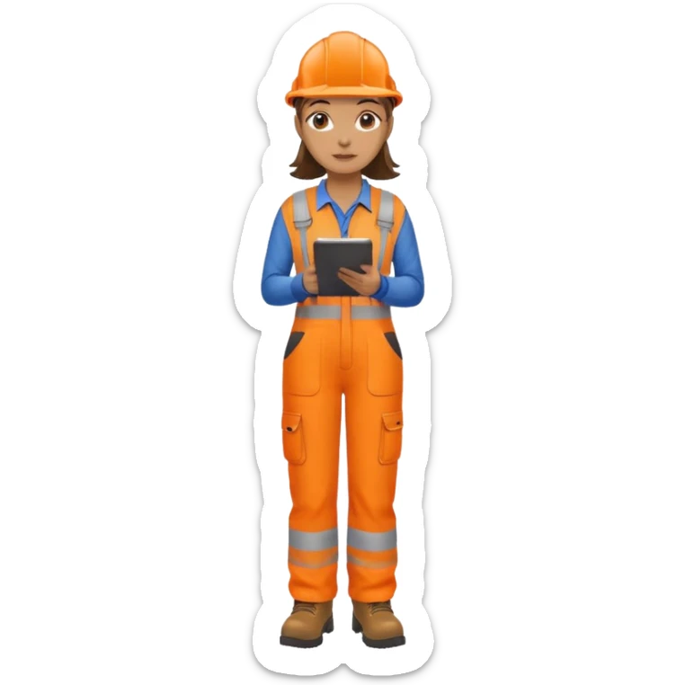 woman in orange hi vis overalls and boots standing holding a clipboard sticker