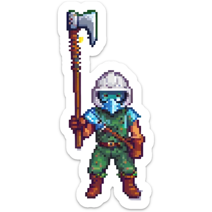 pixel art Fortnite skin featuring masked character, bold color palette, signature pickaxe sticker