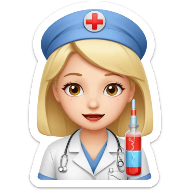 Create a cute sexi girl, funny sticker-style story in a cartoon illustration.
Scene sequence shows a nervous patient getting an injection from a kind nurse.
 sticker