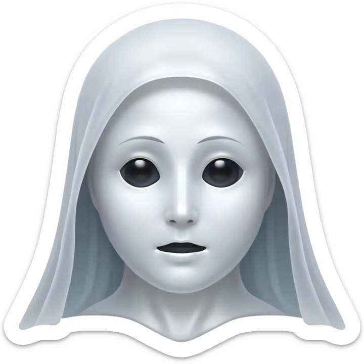 Cinematic Noble Ghost Portrait Emoji, Ethereal and dignified, with a flowing, translucent form in silvery-white hues, wispy and majestic, and a calm, otherworldly expression with deep, thoughtful eyes, simplified yet sophisticated features, highly detailed, glowing with a soft, spectral radiance, high shine, exuding regal mystery and quiet authority, with a soft glowing outline that captures the essence of a ghostly guardian drifting from another realm! sticker