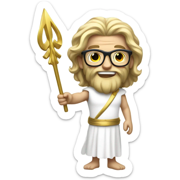 white Poseidon with gold Trident and nerd glasses. long hair white dress. smile . wink. profil position pointing  sticker