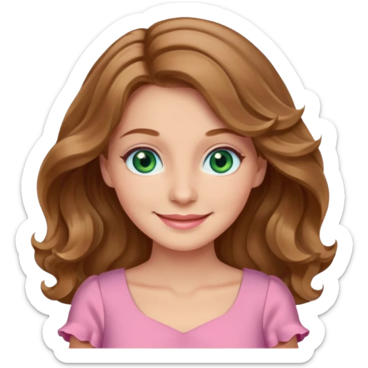 A woman has beige skin, wavy light brown hair, green-blu eyes, she wears pink dress  sticker