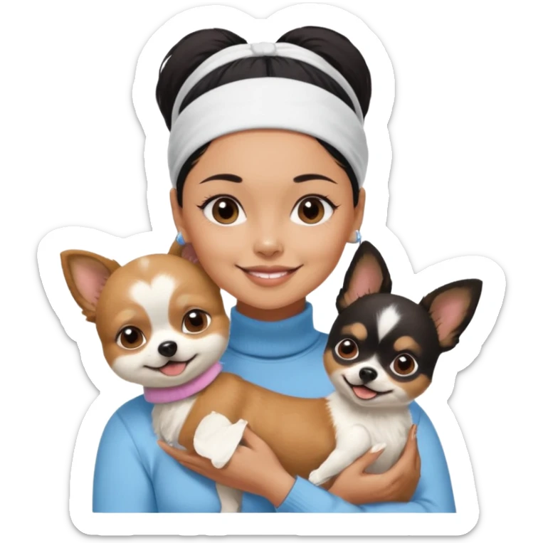 tan skin woman, with short black hair in a slicked back ponytail with forehead showing, with white headband, wearing solid pastel blue turtleneck shirt, smiling carrying dark brown-white furry fuzzy chihuahua pomeranian dog sticker