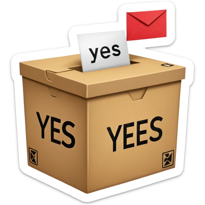 Vote box with "yes, but" aber' written on the front and paper entering the top slot sticker