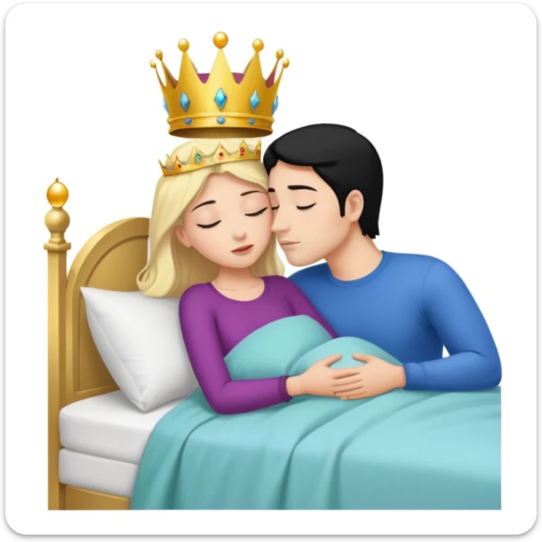 Blonde Queen with crown, Green eyes, naked, kissing man, naked, no crown, black hair, blue eyes, whole Body, Background sleeping room  sticker