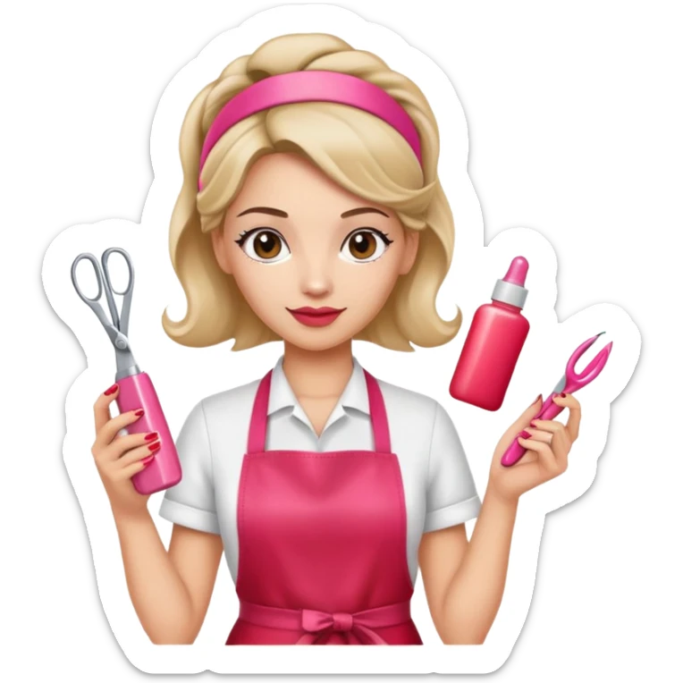 Female hairdresser with headband, wearing red apron, holding pink nail polish bottle and scissors, beauty salon employee sticker