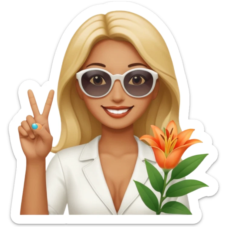 Relaxed sexy woman smiling holding lilies posing in shades  and flashing peace sign  hand sticker