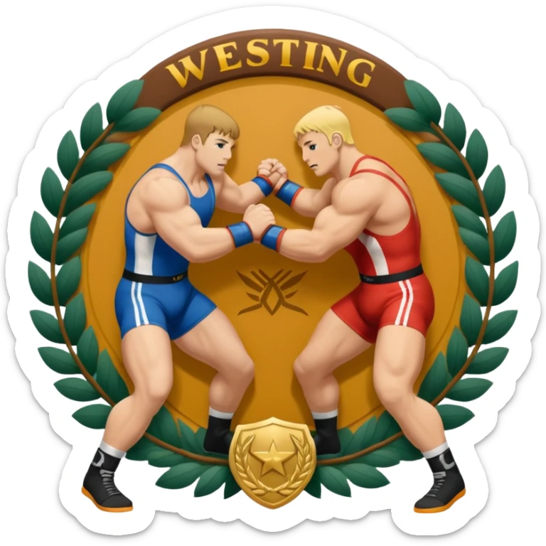 An icon symbolizing wrestling combat sports in the style of an emblem. The design features two wrestlers locked in a powerful grapple, one attempting to take the other down. Surrounding the scene are stylized elements like a championship belt, wrestling mat, and a laurel wreath. sticker