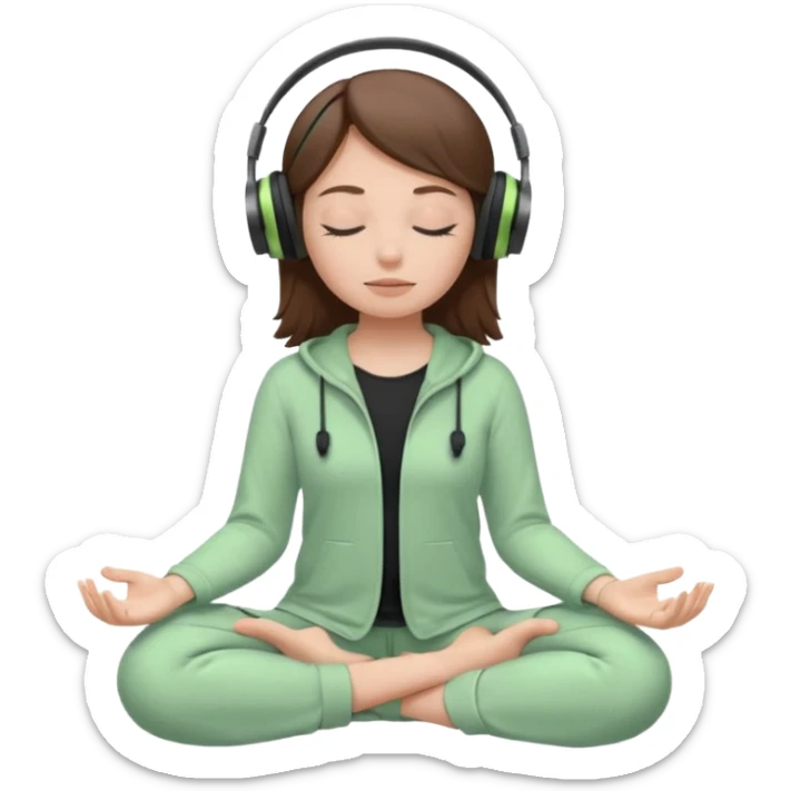 White girl, brown hair meditating with headphones on and black and pastel green clothes, eyes closed sticker