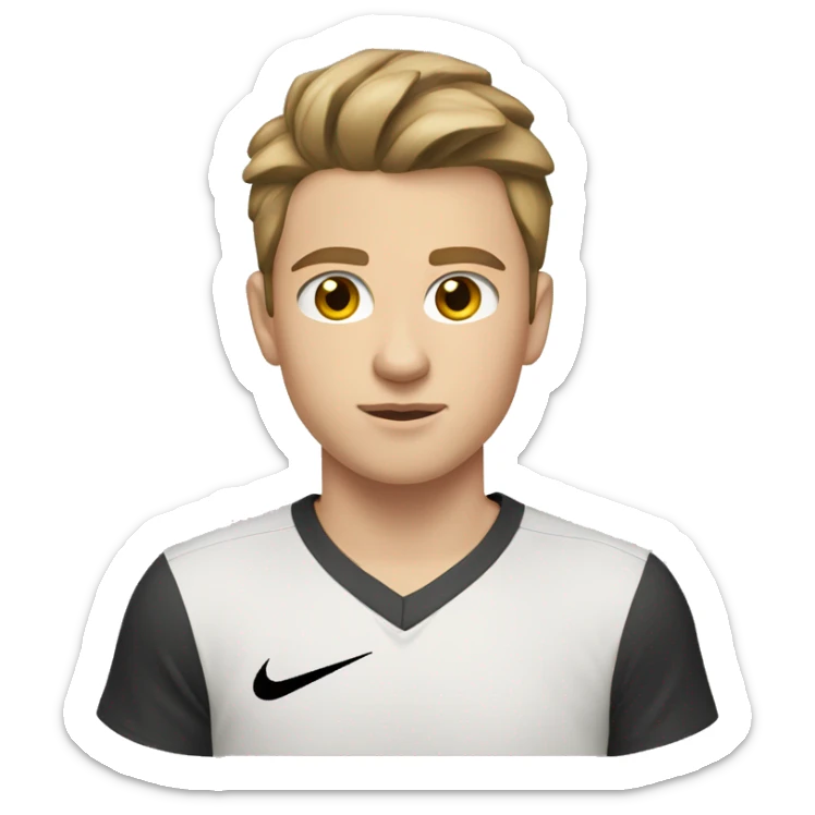 a white boy 15 years old, light brown hair and dark brown eyes, hair combed up, wearing a Nike shirt sticker