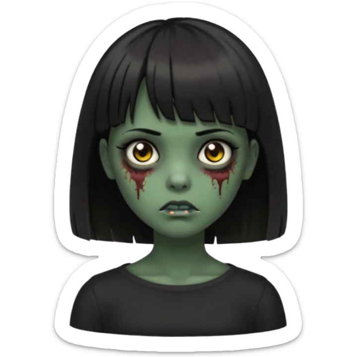 Zombie girl emoji verde escuro com cabelo curto liso preto no ombro e franja na altura da sobrancelha cobrindo completamente a testa, com uma blusa preta, olhos castanhos escuros sticker