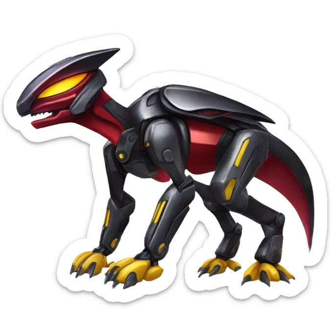 a shiny black-red-yellow Genesect-Raptor-Fakémon—hybrid with a futuristic visor-helmet full body sticker