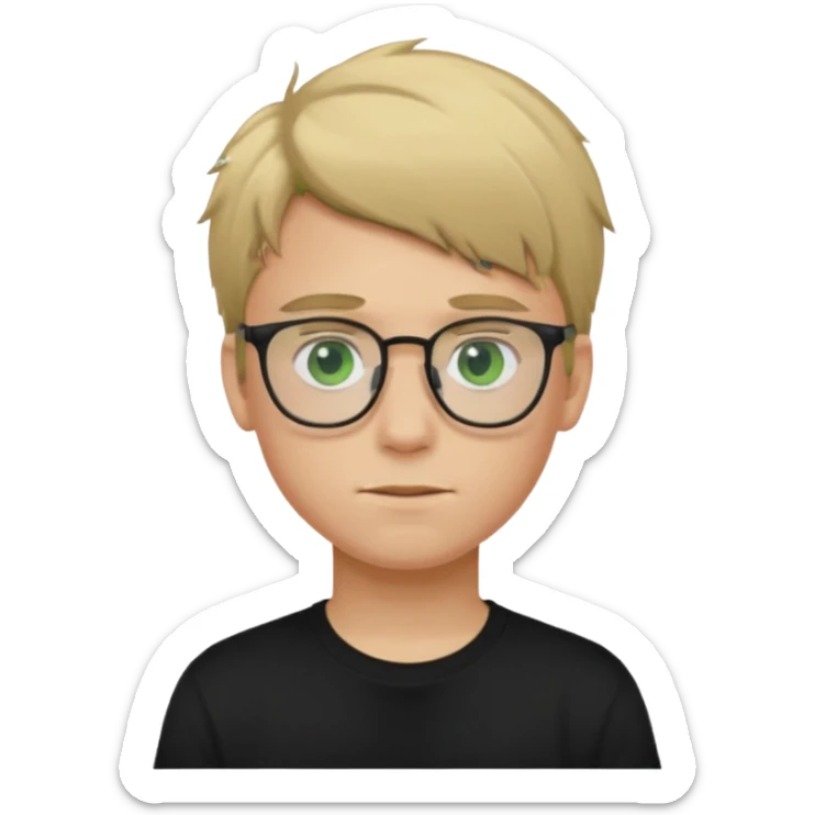 Generate me a profile picture like with a teenage boy who has dirty blond hair, green eyes, glasses and a black t-shirt sticker