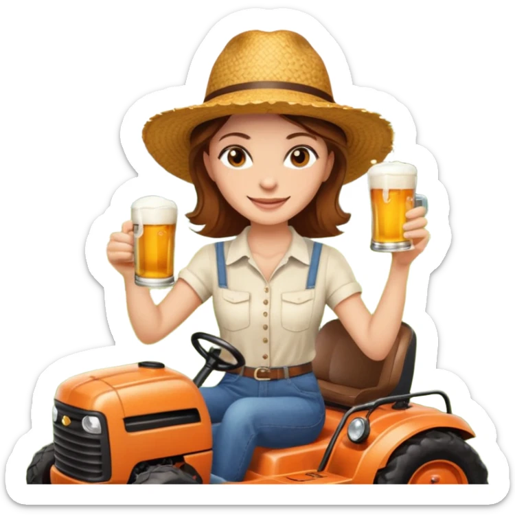 White woman with brown hair, without glasses wearing a straw hat, on old orange ride on lawn mower, holding a beer with one hand and holding the steering wheel with the other hand. Woman is smiling. Lawn mower brand is called “Westwood” sticker