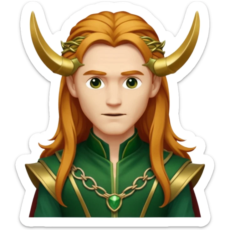 Loki, God of Mischief from Gods and Goddesses with long reddish blonde hair, gold and dark green outfit sticker