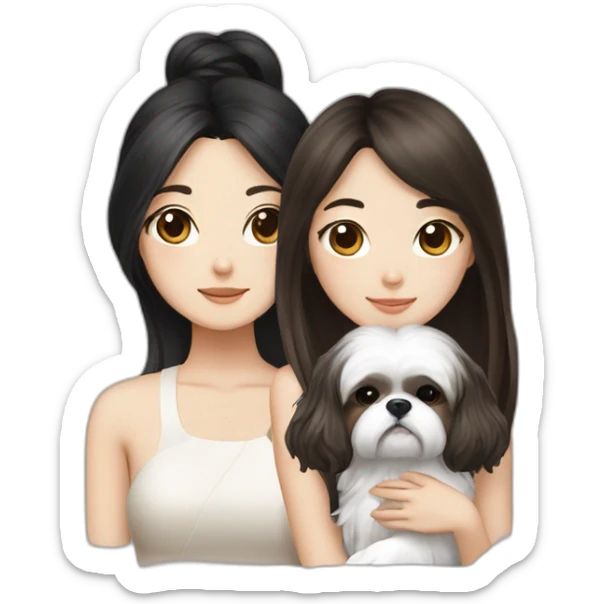 long black hair korean girl with shih tzu in white and brown sticker