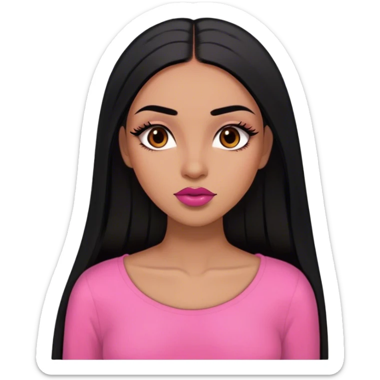 Woman,light brown skin,super long black straight hair, medium brown arched eyebrows, full lashes, red nude lips , pink shirt sticker