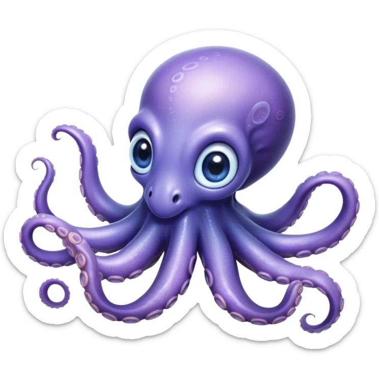 Cinematic Noble Baby Octopus Portrait Emoji, Poised and graceful, with a soft, rounded, slightly translucent body in a dreamy light blue-purple hue, large, glistening eyes full of quiet intelligence and mystery, delicate, flowing tentacles curling gently, Simplified yet sophisticated features, highly detailed, glowing with a soft, ethereal oceanic radiance, high shine, elegant and serene, stylized with an air of deep-sea wonder, focused and tranquil, soft glowing outline, capturing the essence of an otherworldly, intelligent little cephalopod, floating effortlessly in the gentle ocean currents! sticker